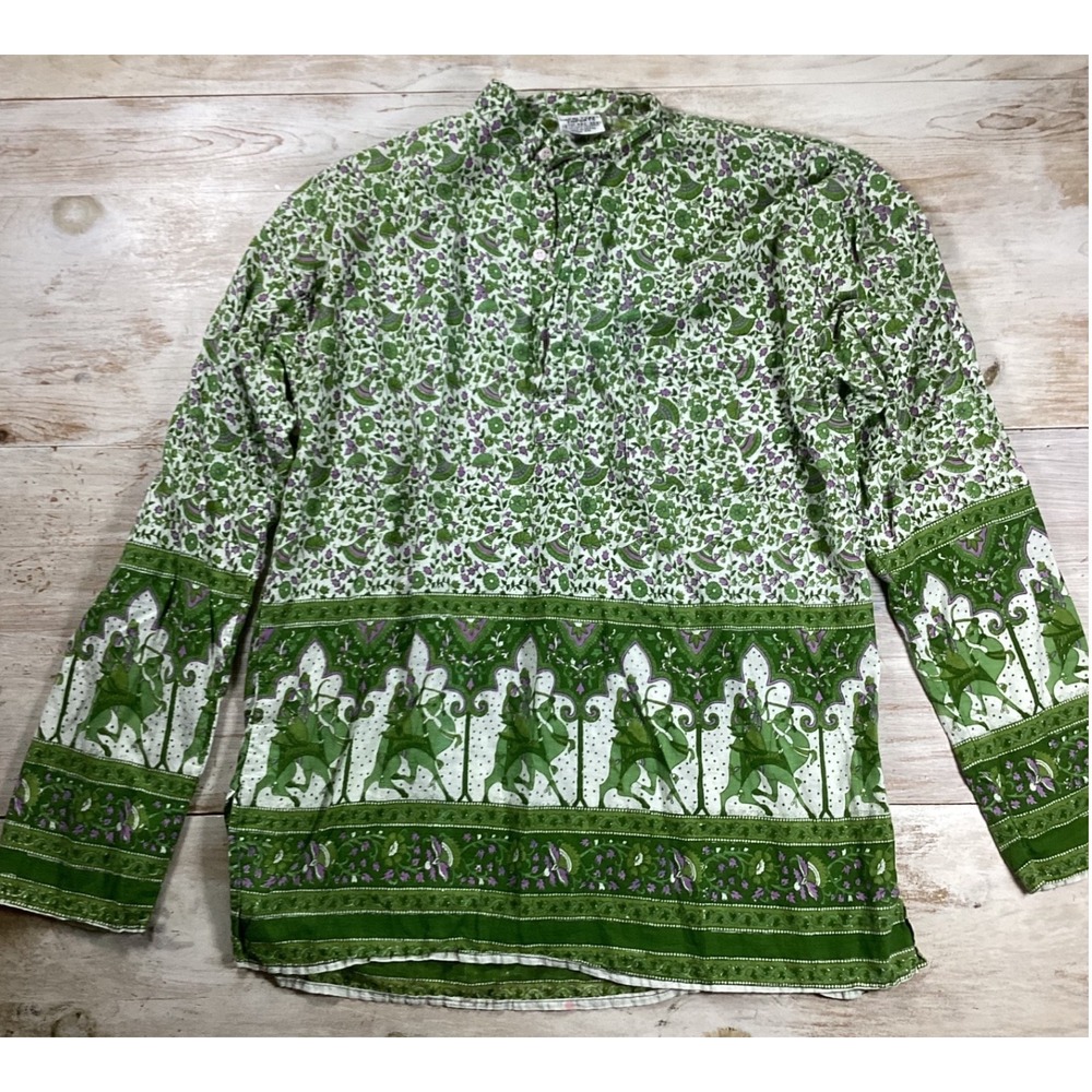 Nepal Tibet Imports Cotton Kurta Tunic Green Floral Equestrian Print Free Size